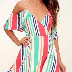 Lulu's Caliente Multi Striped Off-the-Shoulder Wrap Dress